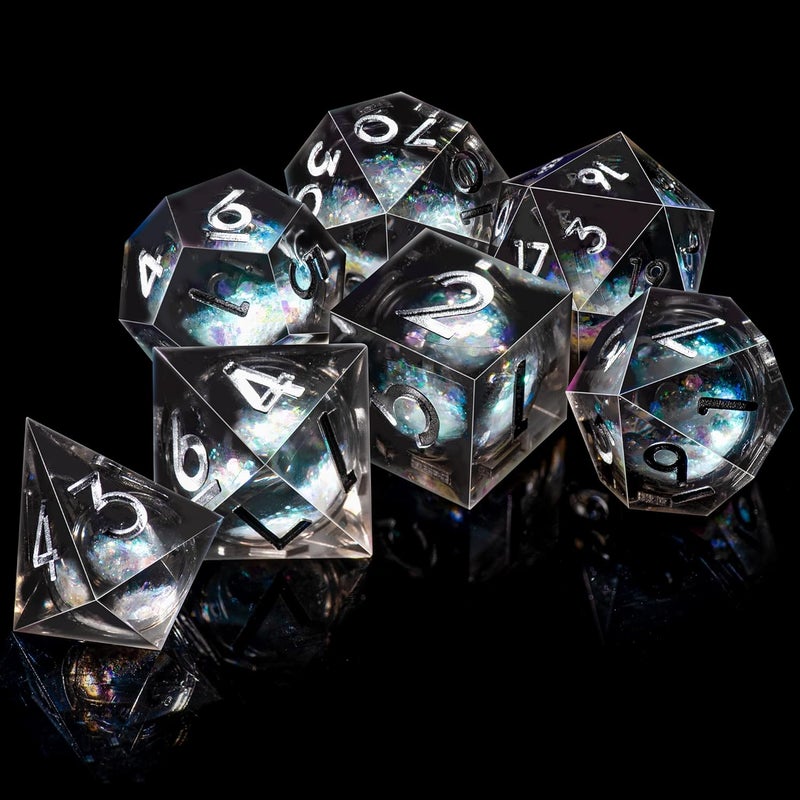 AUSTOR Liquid Core DND Dice Set, 7-Die Sharp Edge Polyhedral Dice Quicksand Handmade Resin Dices for Dungeons and Dragons RPG MTG Table Games, Black, Silver - Image 4